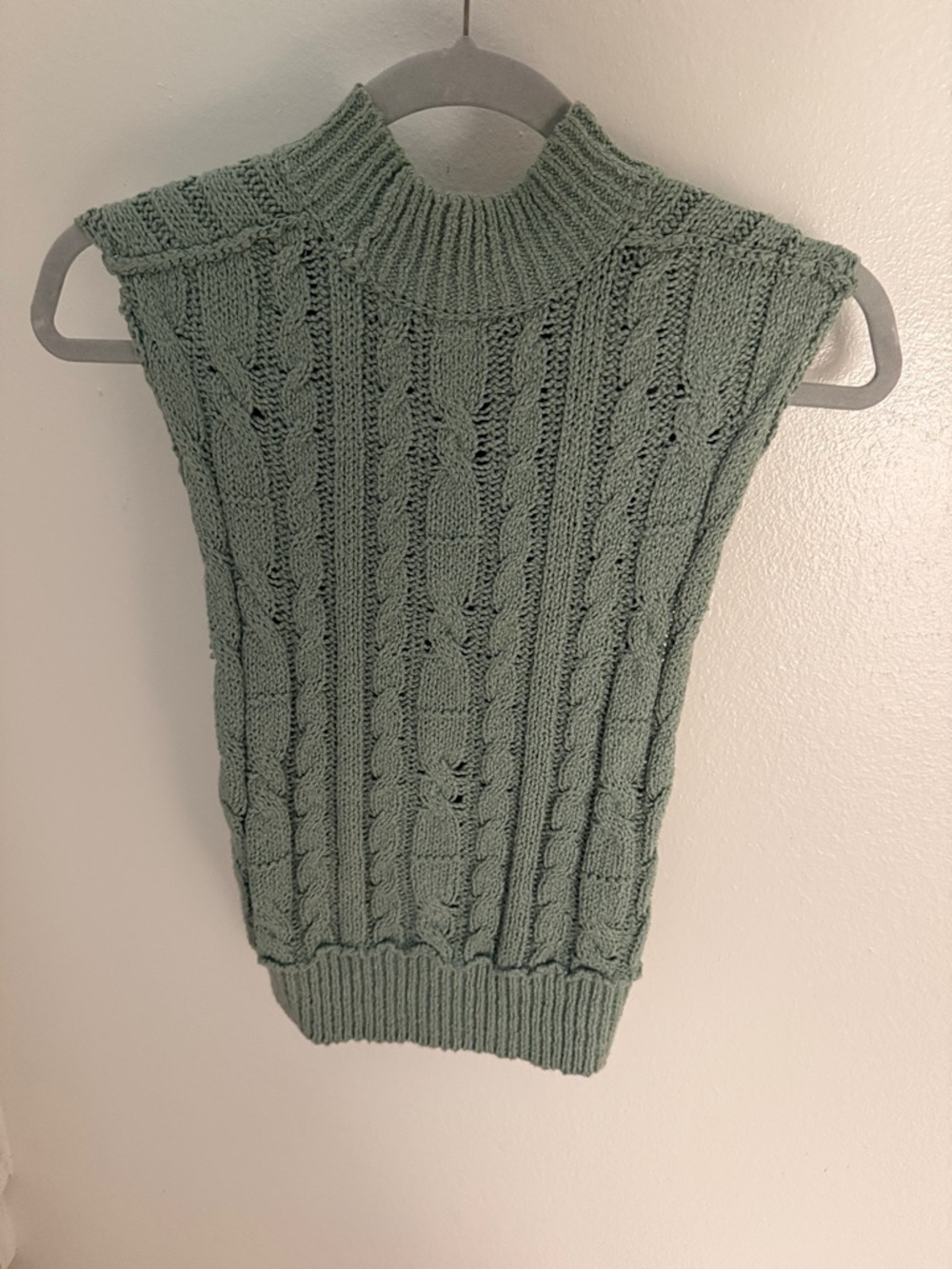 Free People Cable Knit Sleeveless Mock Neck Vest in Sage Green